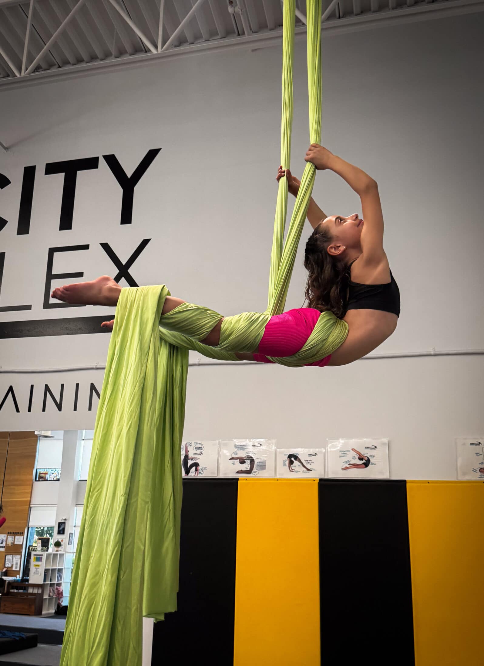 Aerialist posing on aerial silks