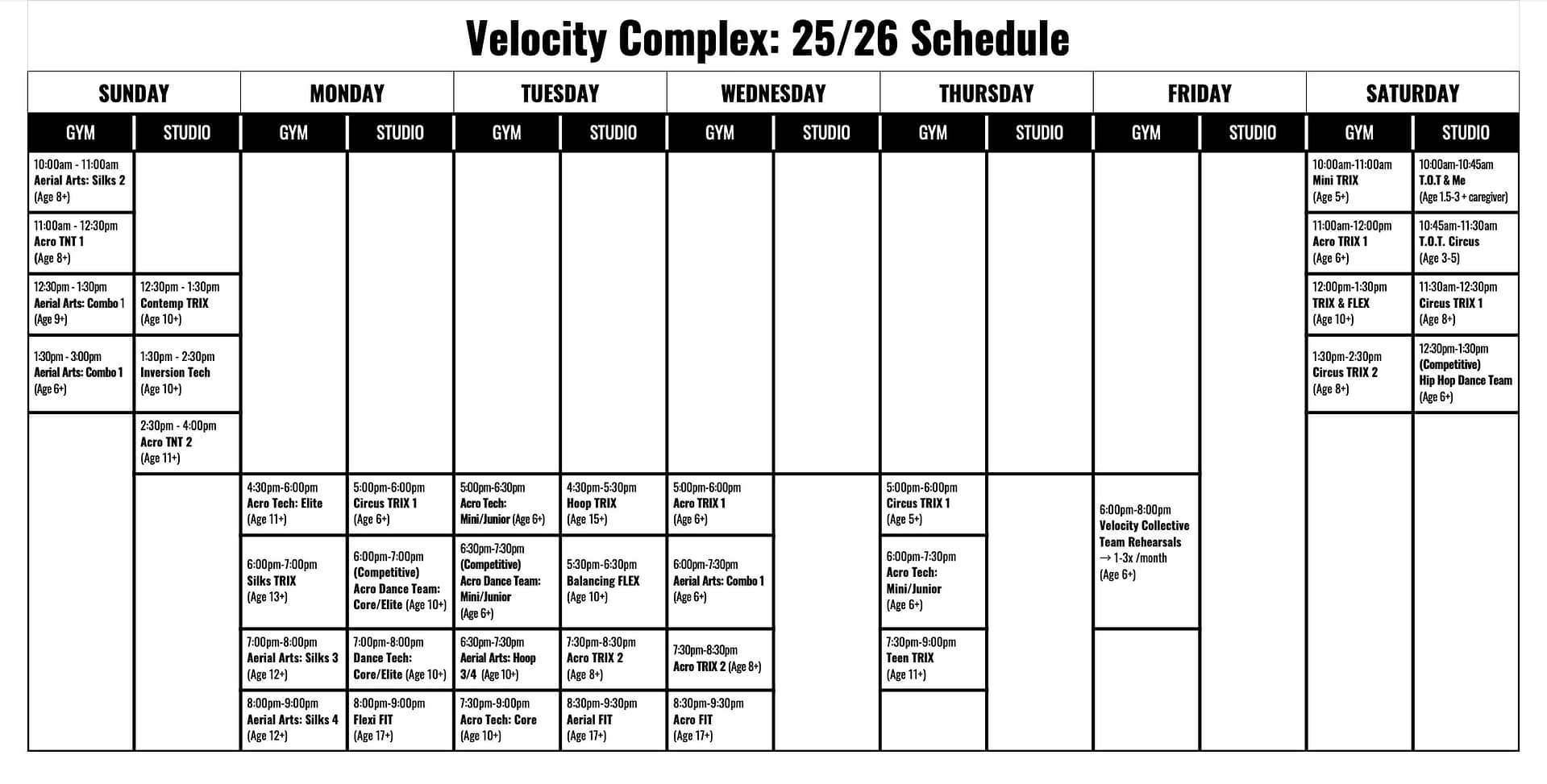 Velocity Complex schedule for the current season